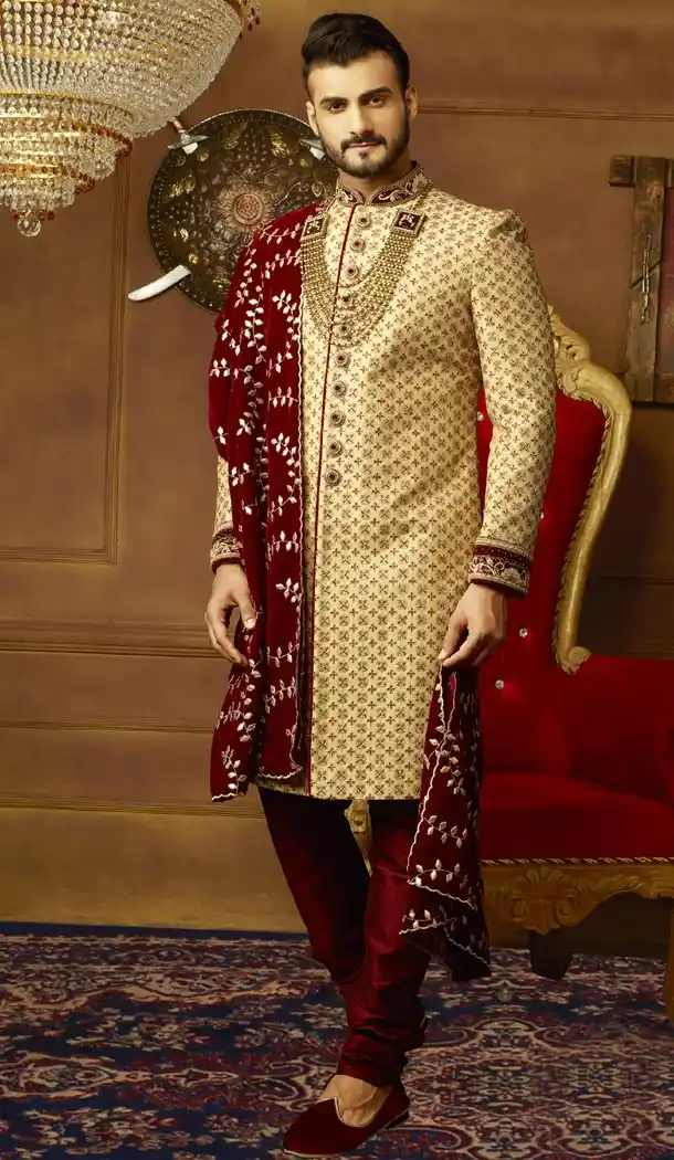 Classic Gold Men Wedding Designer Heavy Art Banarasi Silk Sherwani - 395647757