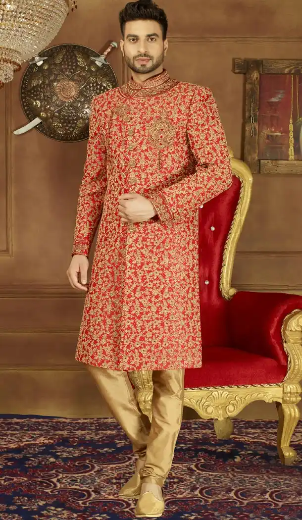 Vogue Men Wedding Designer Heavy Art Banarasi Silk Sherwani in Red - 395647758