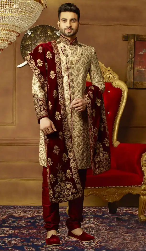 Magnificient Men Wedding Designer Heavy Art Banarasi Silk Sherwani in Gold - 395647771
