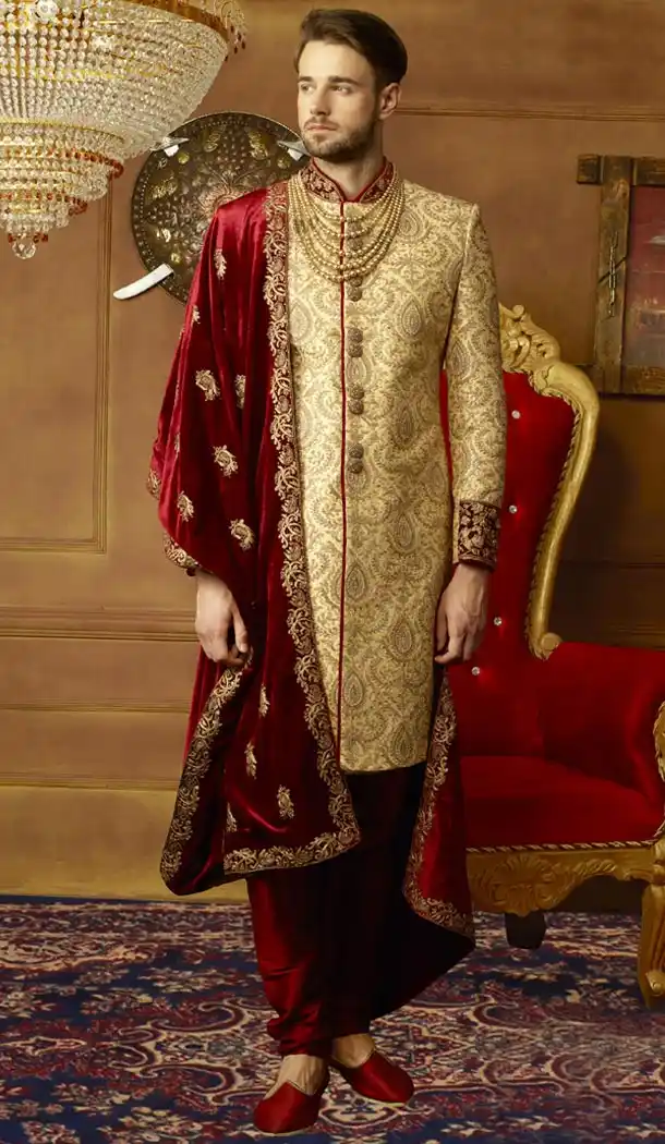 Ravishing Men Wedding Designer Heavy Art Banarasi Silk Sherwani in Gold - 395647772