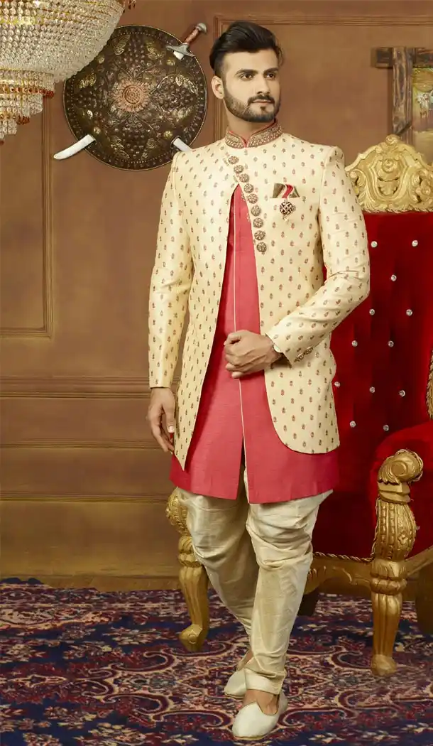 Men Wedding Designer Heavy Art Banarasi Silk Sherwani in Beige and Carrot - 395647776