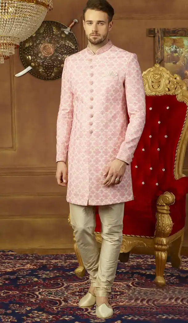 Men Wedding Designer Heavy Art Banarasi Silk Sherwani in Pink - 395647782