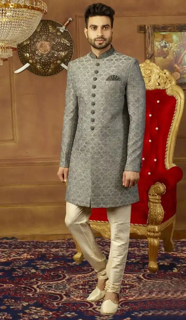 Men Wedding Designer Heavy Art Banarasi Silk Sherwani in Gray - 395647784