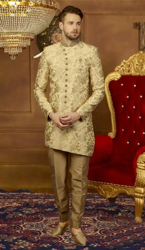 Men Wedding Designer Heavy Jacquard Silk Sherwani in Gold - 395647788