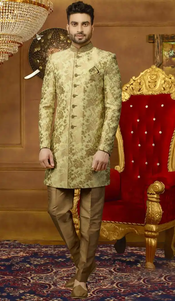 Men Wedding Designer Heavy Jacquard Silk Sherwani in Pista Gold - 395647789