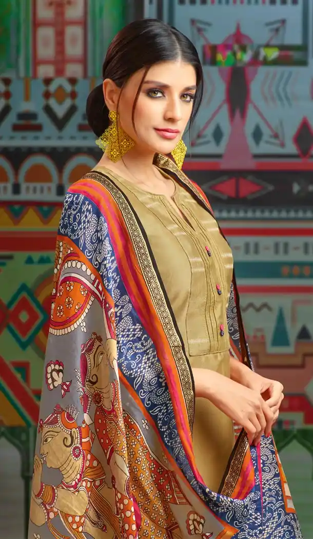 Golden Color Chanderi Cotton Printed Casual Wear Palazzo Suit - 400348257