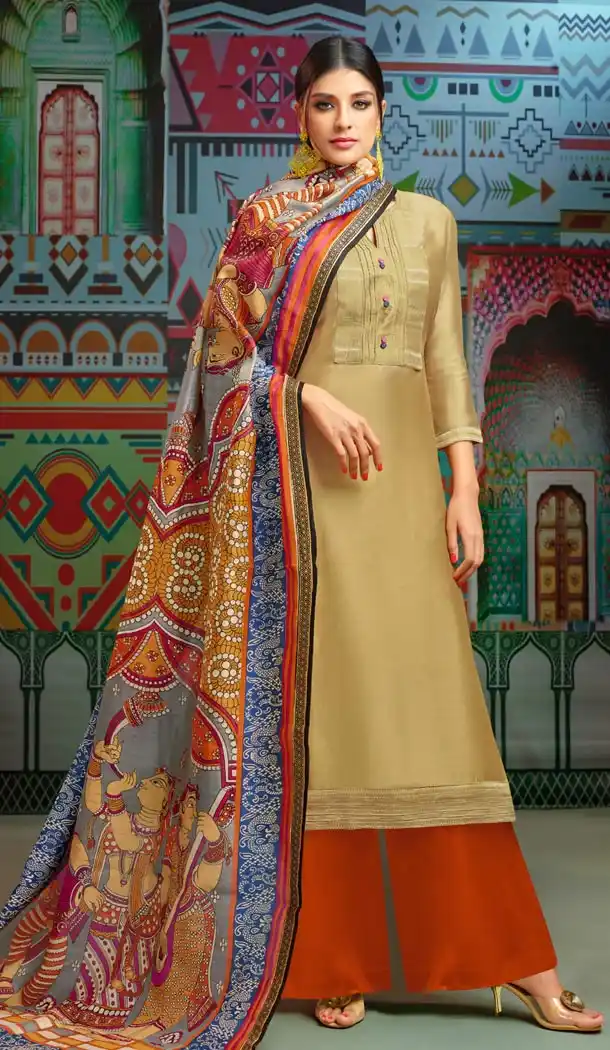 Golden Color Chanderi Cotton Printed Casual Wear Palazzo Suit - 400348257