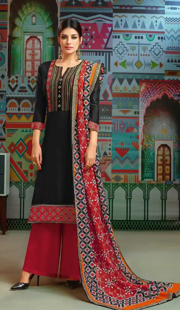 Black Color Chanderi Cotton Printed Casual Wear Palazzo Suit - 400348258