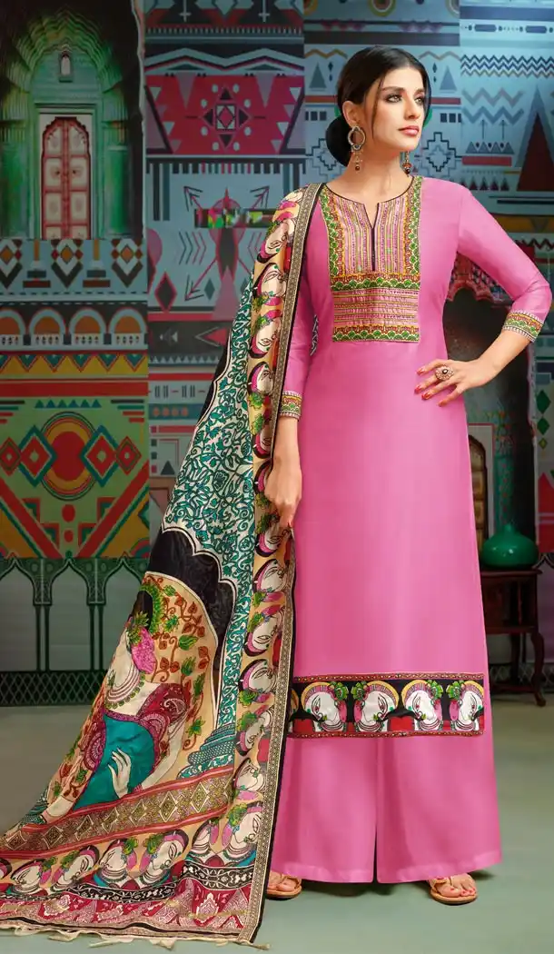Pink Color Chanderi Cotton Printed Casual Wear Palazzo Suit - 400348259