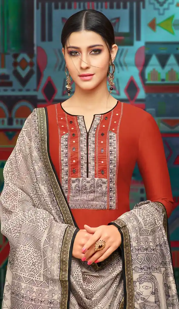 Red Color Chanderi Cotton Printed Casual Wear Palazzo Suit - 400348260
