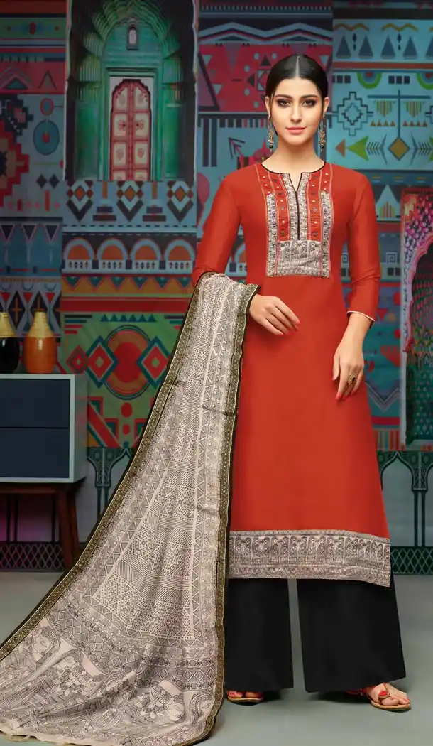 Red Color Chanderi Cotton Printed Casual Wear Palazzo Suit - 400348260