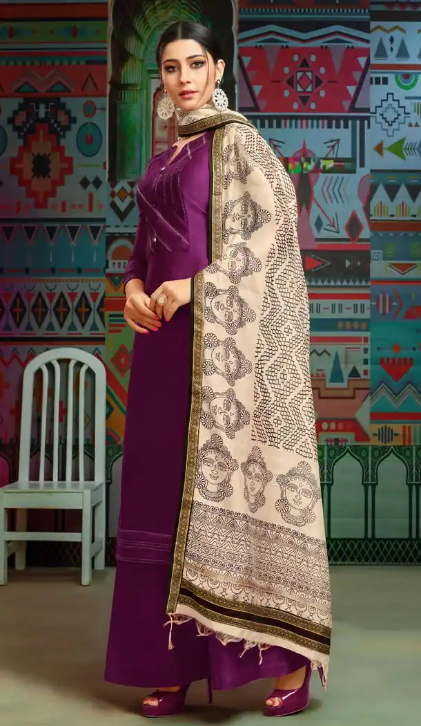 Purple Color Chanderi Cotton Printed Casual Wear Palazzo Suit - 400348262