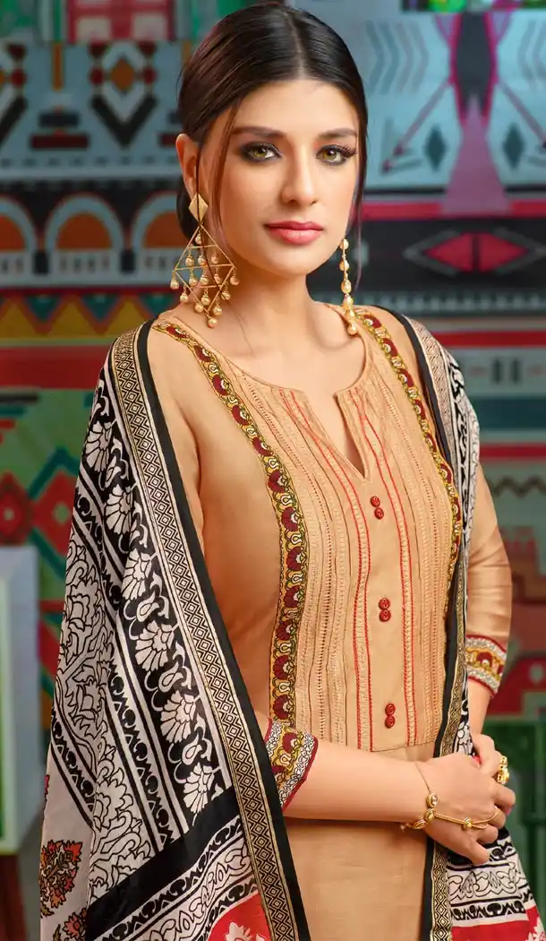 Cream Color Chanderi Cotton Printed Casual Wear Palazzo Suit - 400348263
