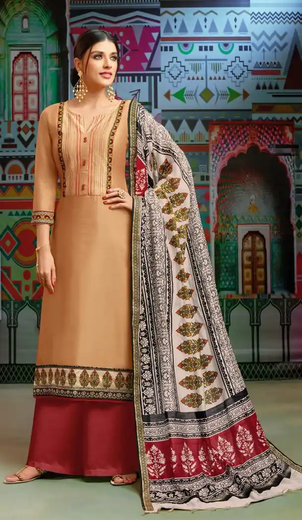Cream Color Chanderi Cotton Printed Casual Wear Palazzo Suit - 400348263