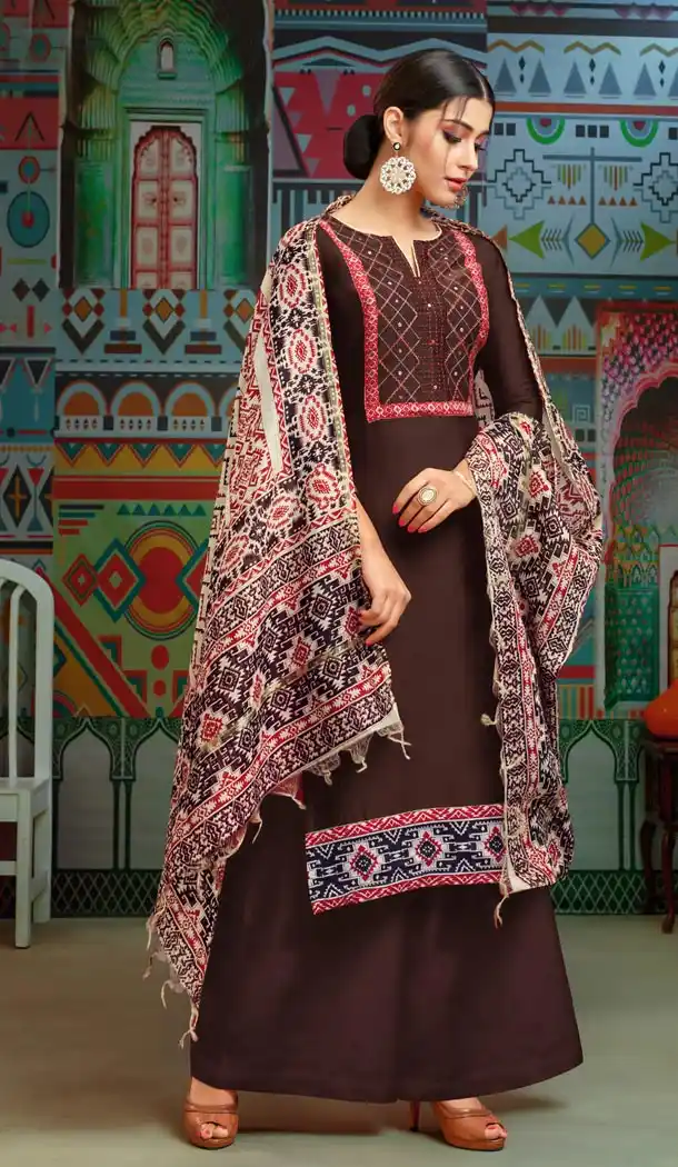Brown Color Chanderi Cotton Printed Casual Wear Palazzo Suit - 400348264