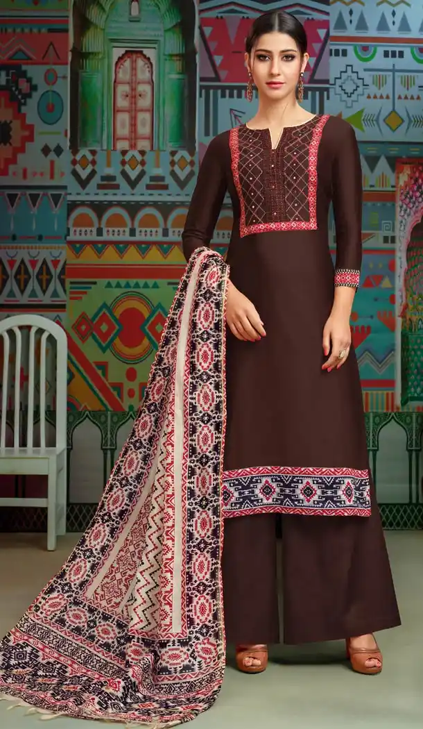 Brown Color Chanderi Cotton Printed Casual Wear Palazzo Suit - 400348264