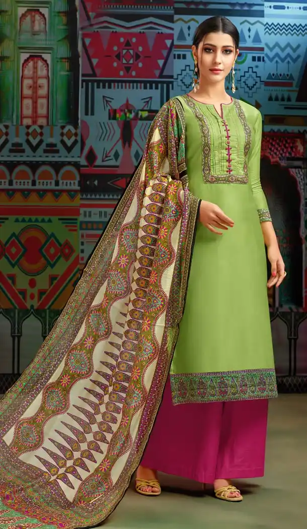 Green Color Chanderi Cotton Printed Casual Wear Palazzo Suit - 400348265