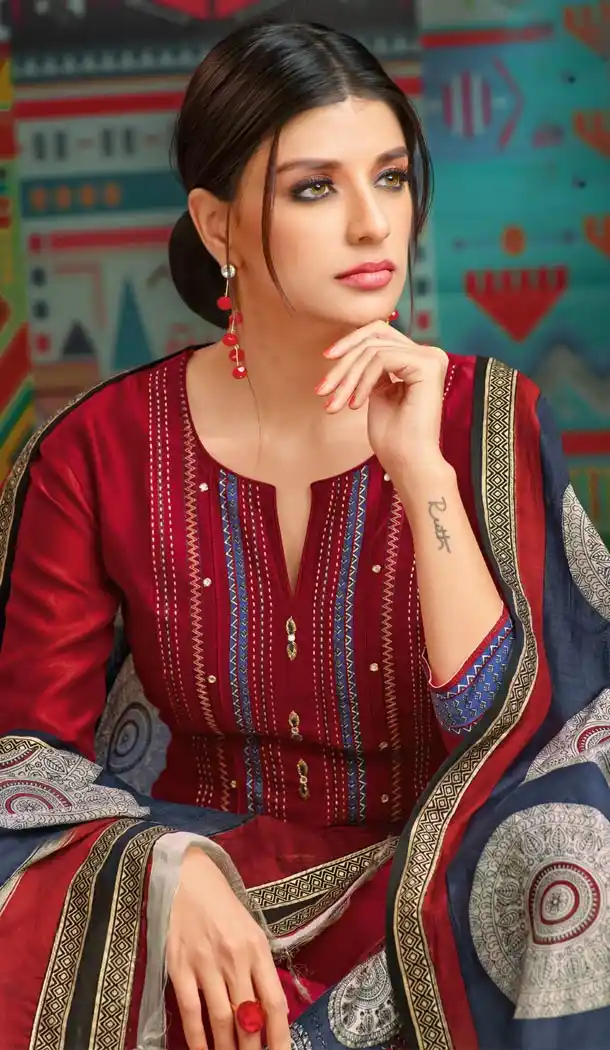 Chanderi Cotton Red Color Printed Casual Wear Palazzo Suit - 400348266