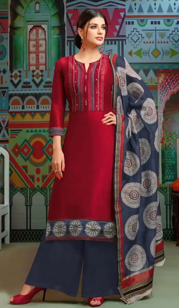 Chanderi Cotton Red Color Printed Casual Wear Palazzo Suit - 400348266