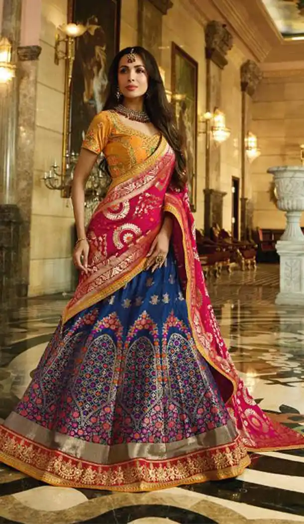 Malaika Arora Khan Wedding Banarasi Silk Lehenga Choli in Orange Color - 394747640