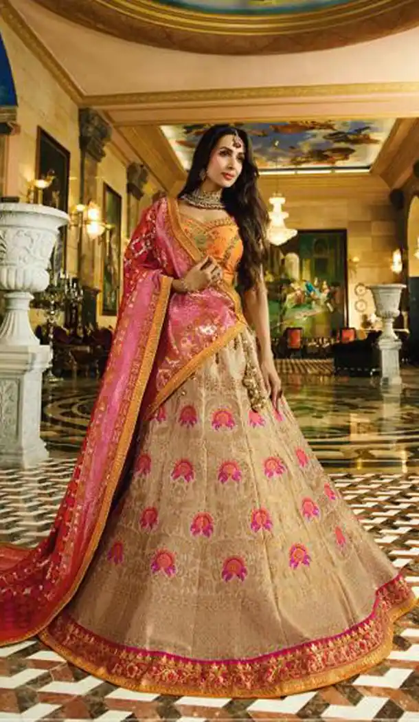 Malaika Arora Khan Wedding Banarasi Silk Lehenga Choli in Orange Color - 394747644