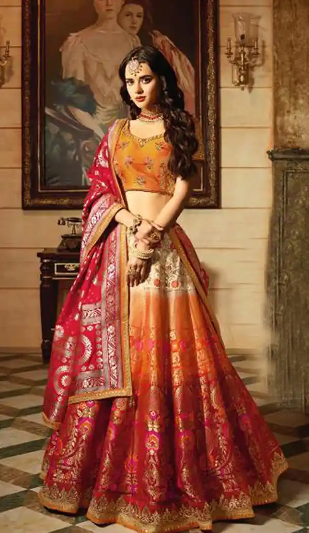 Orange Color Banarasi Silk Designer Wedding Lehenga Choli For Women - 394747647