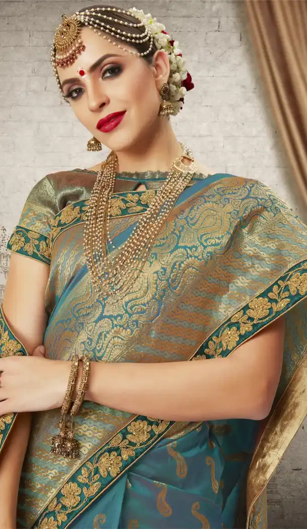 Women Aqua Blue Color Silk Keral Trediotnal Wear Sarees Blouse - 400248251