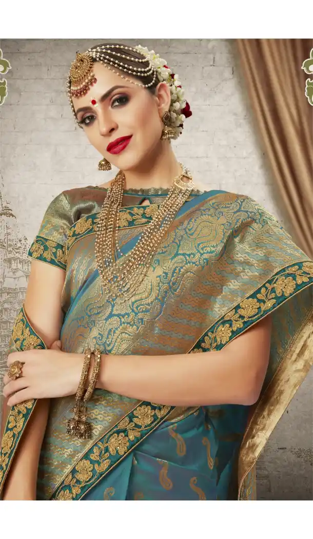 Women Aqua Blue Color Silk Keral Trediotnal Wear Sarees Blouse - 400248251