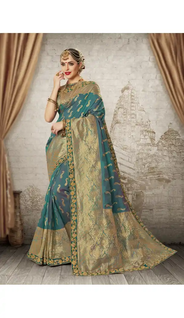 Women Aqua Blue Color Silk Keral Trediotnal Wear Sarees Blouse - 400248251