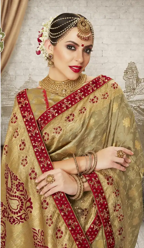 Women Gold Color Silk Keral Trediotnal Wear Sarees Blouse - 400248252