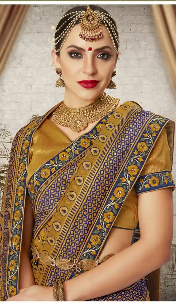 Women Golden Color Silk Keral Trediotnal Wear Sarees Blouse - 400248255