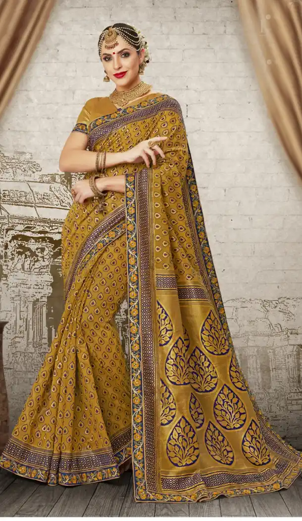Women Golden Color Silk Keral Trediotnal Wear Sarees Blouse - 400248255