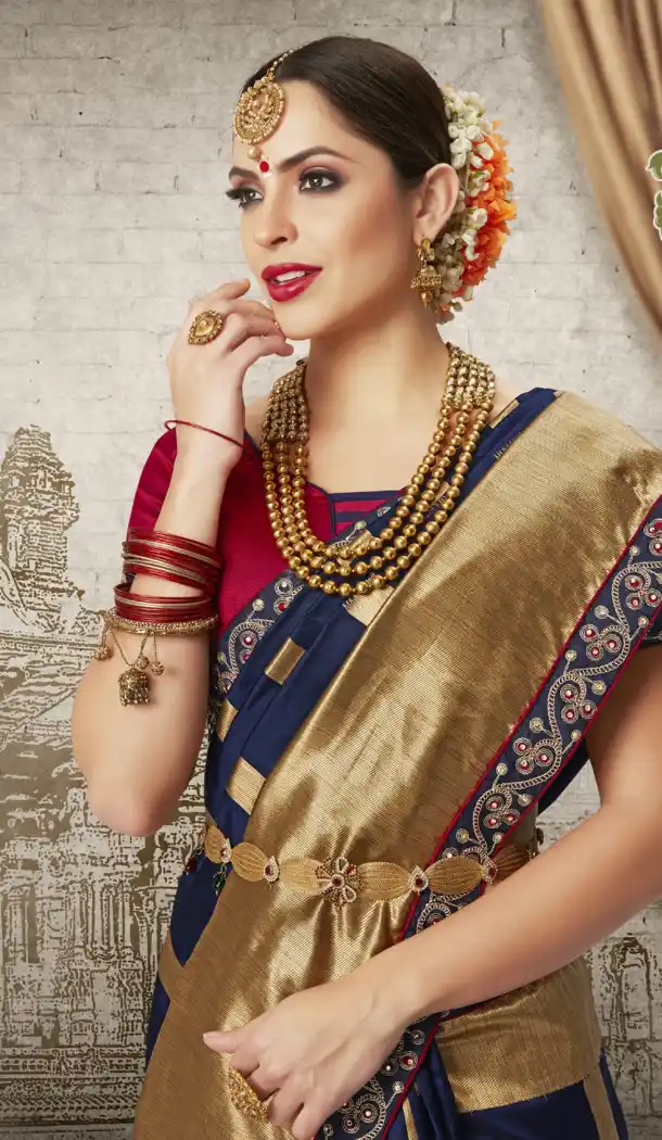 Women Dark Blue Color Silk Keral Trediotnal Wear Sarees Blouse - 400248256