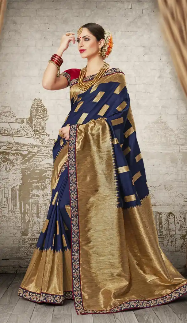 Women Dark Blue Color Silk Keral Trediotnal Wear Sarees Blouse - 400248256