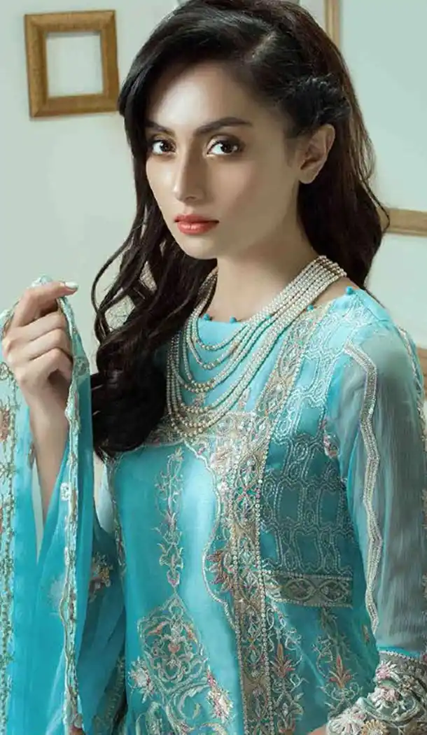 Georgette and Embroidery Work Pakistani Salwar Kameez in Sky Blue Color - 400948412