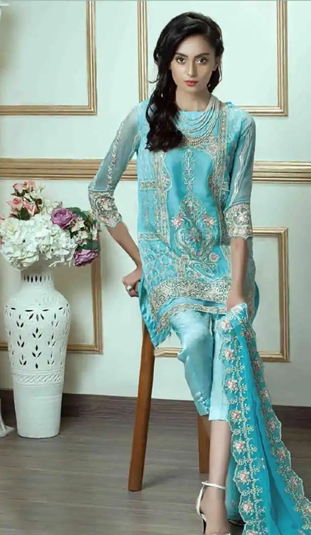 Georgette and Embroidery Work Pakistani Salwar Kameez in Sky Blue Color - 400948412