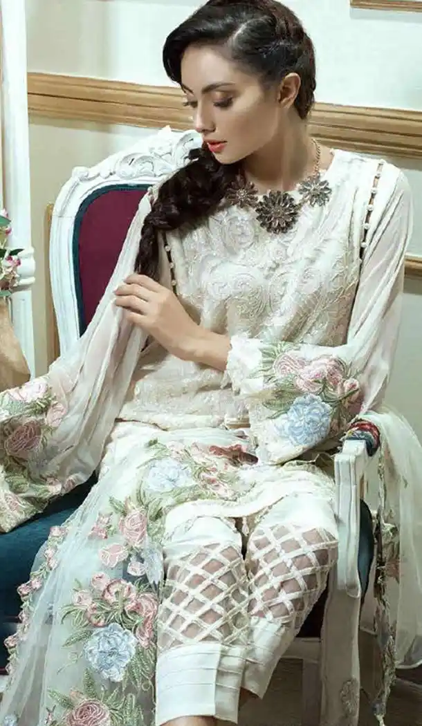 Georgette and Embroidery Work Pakistani Salwar Kameez in Off White Color - 400948413