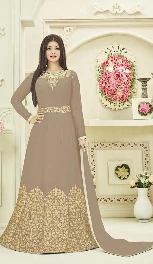 Bollywood Actress Ayesha Takia's Chiku Color Georgette Party Gown - 401348450