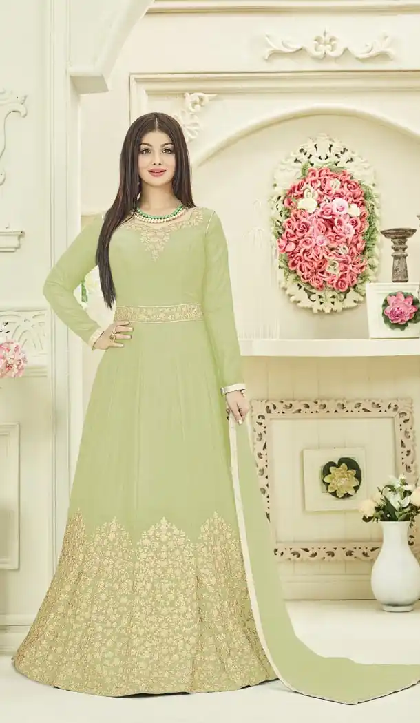 Bollywood Actress Ayesha Takia's Creamy Green Color Georgette Party Gown - 401348451