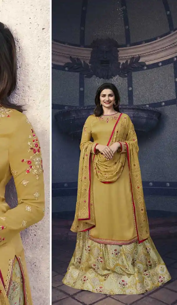 Prachi Desai Party Wear Lehenga Suit in Satin Georgette with Yellow Color - 58707997
