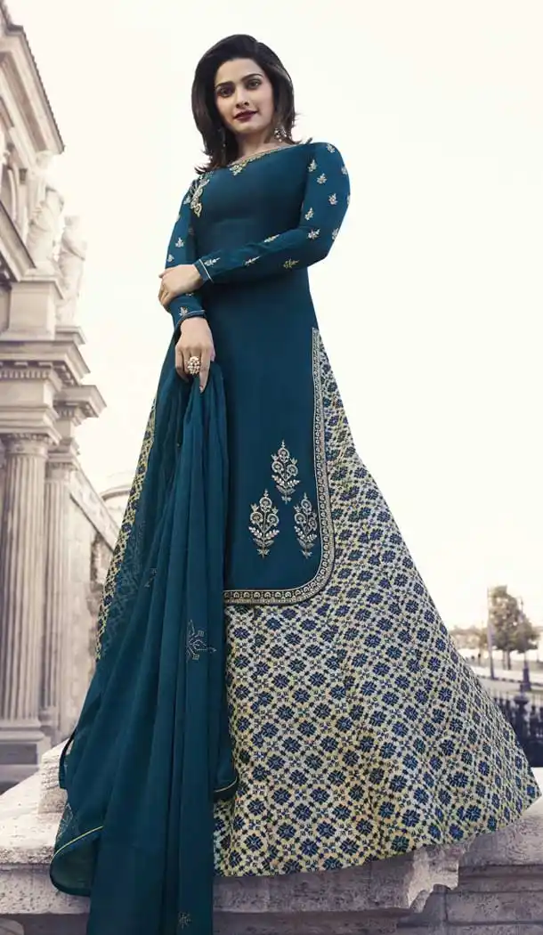 Prachi Desai Party Wear Lehenga Suit in Satin Georgette with Blue Color - 58707998