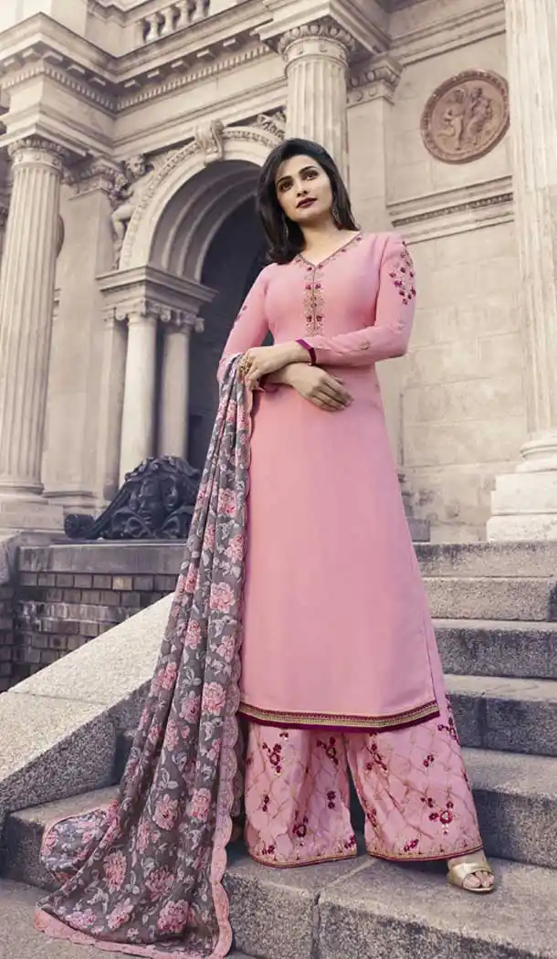 Prachi Desai Party Wear Palazzo Suit in Satin Georgette with Light Pink Color - 58707999