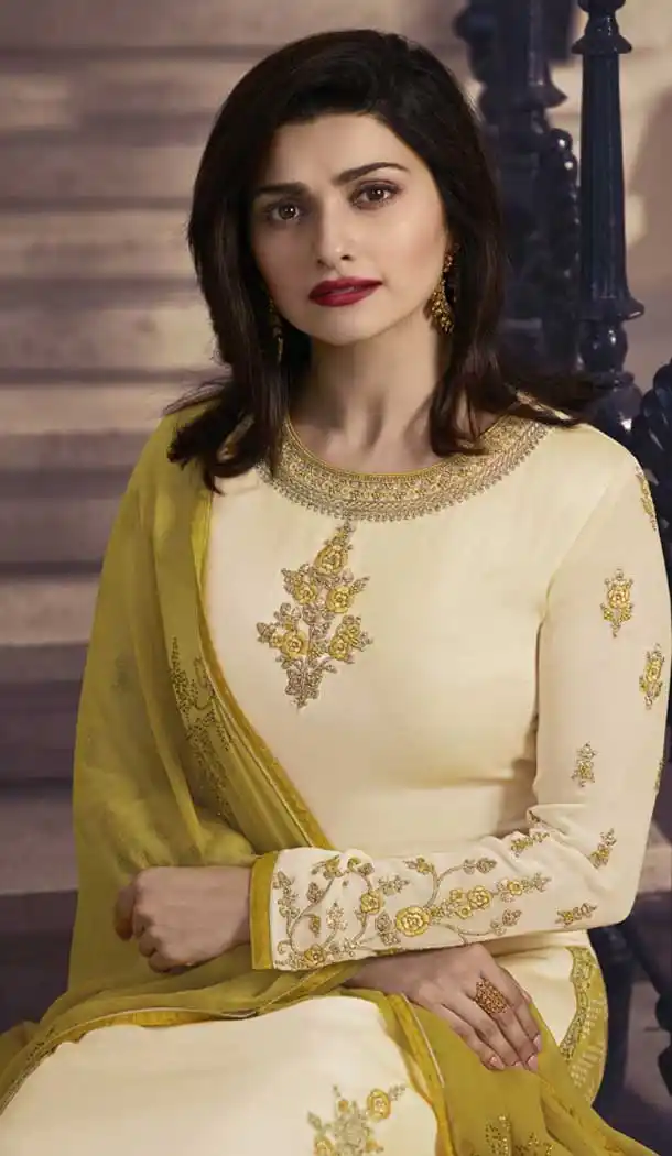Prachi Desai Party Wear Lehenga Suit in Satin Georgette with Cream Color - 58707800