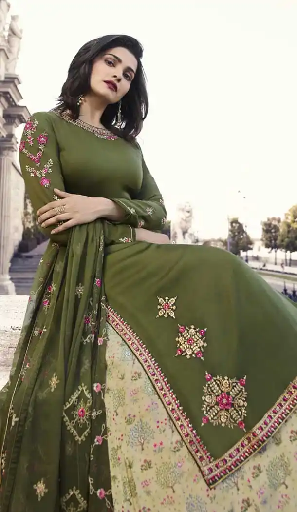 Prachi Desai Party Wear Lehenga Suit in Satin Georgette with Olive Green Color - 58707803
