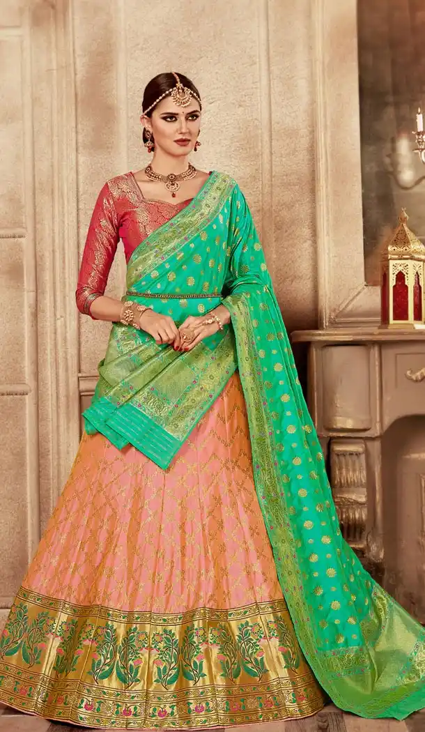 Green and Peach Color Pure Banarasi Silk Designer Lehenga Choli - 395247683