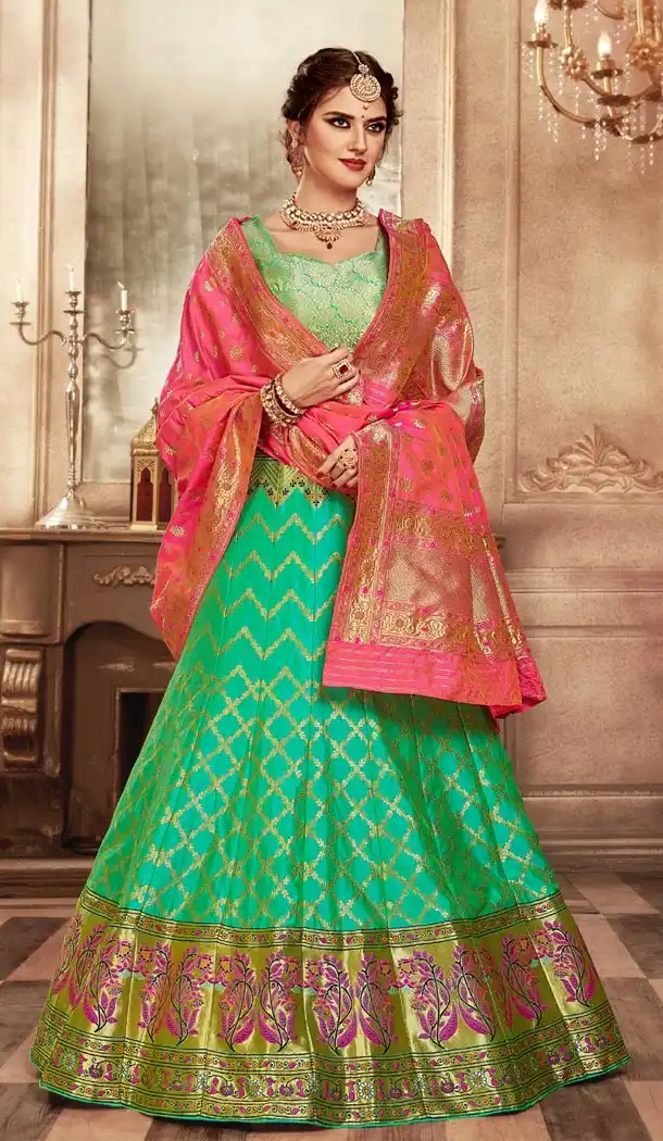 Green Color Pure Banarasi Silk Designer Lehenga Choli - 395247684