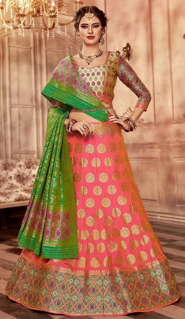 Charming Peach Color Pure Banarasi Silk Designer Lehenga Choli - 395247687