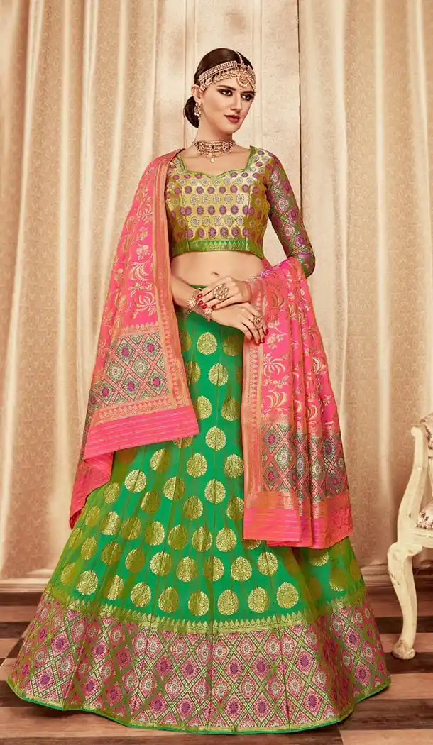  Green Color Pure Banarasi Silk Designer Lehenga Choli - 395247688