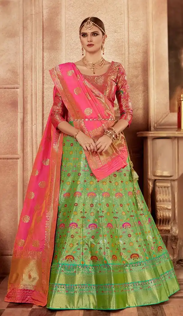 Mehendi Green Color Pure Banarasi Silk Designer Lehenga Choli - 395247690