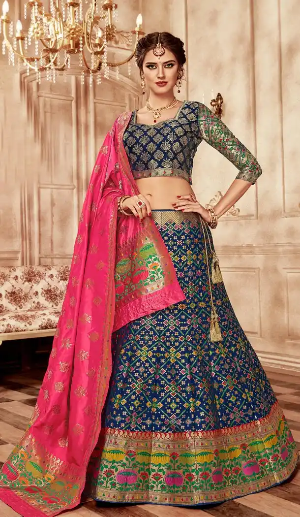 Dark Blue Color Pure Banarasi Silk Designer Lehenga Choli - 395247691